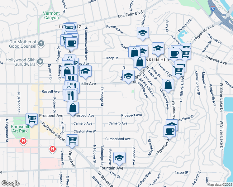 map of restaurants, bars, coffee shops, grocery stores, and more near 4208 Russell Avenue in Los Angeles