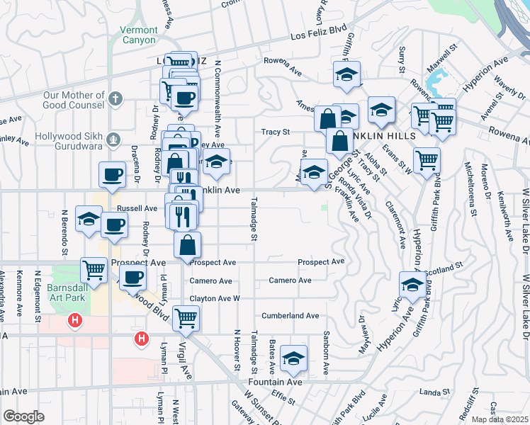 map of restaurants, bars, coffee shops, grocery stores, and more near 1800 Talmadge Street in Los Angeles