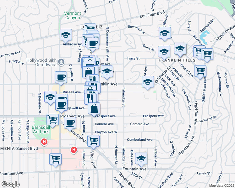 map of restaurants, bars, coffee shops, grocery stores, and more near 4319 Melbourne Avenue in Los Angeles