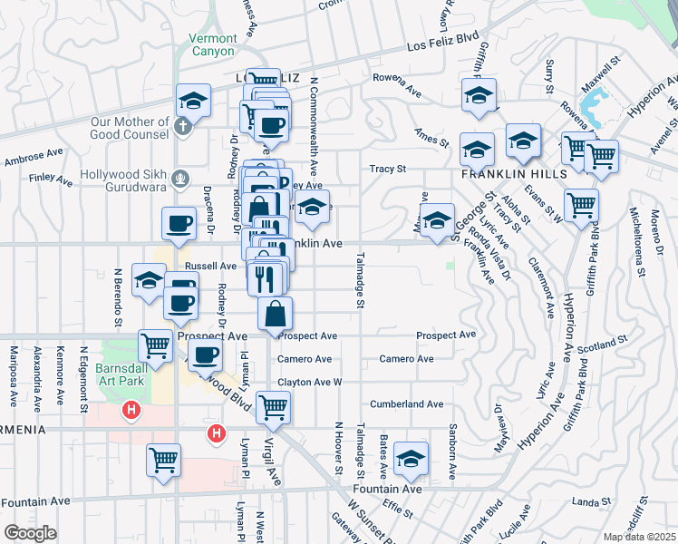 map of restaurants, bars, coffee shops, grocery stores, and more near 4319 Melbourne Avenue in Los Angeles