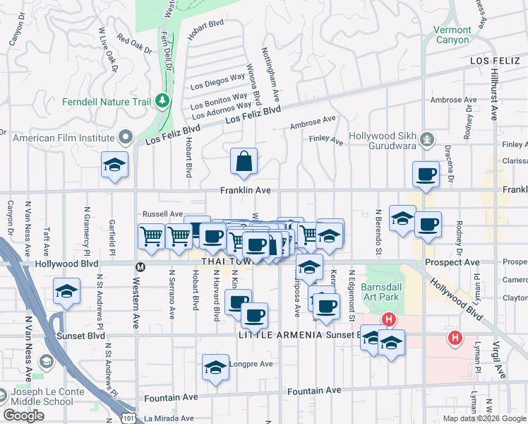 map of restaurants, bars, coffee shops, grocery stores, and more near 1820 3/4 Winona Boulevard in Los Angeles