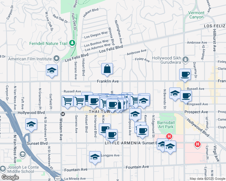 map of restaurants, bars, coffee shops, grocery stores, and more near 1820 3/4 Winona Boulevard in Los Angeles