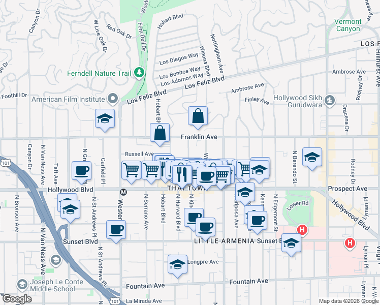 map of restaurants, bars, coffee shops, grocery stores, and more near 1813 North Kingsley Drive in Los Angeles