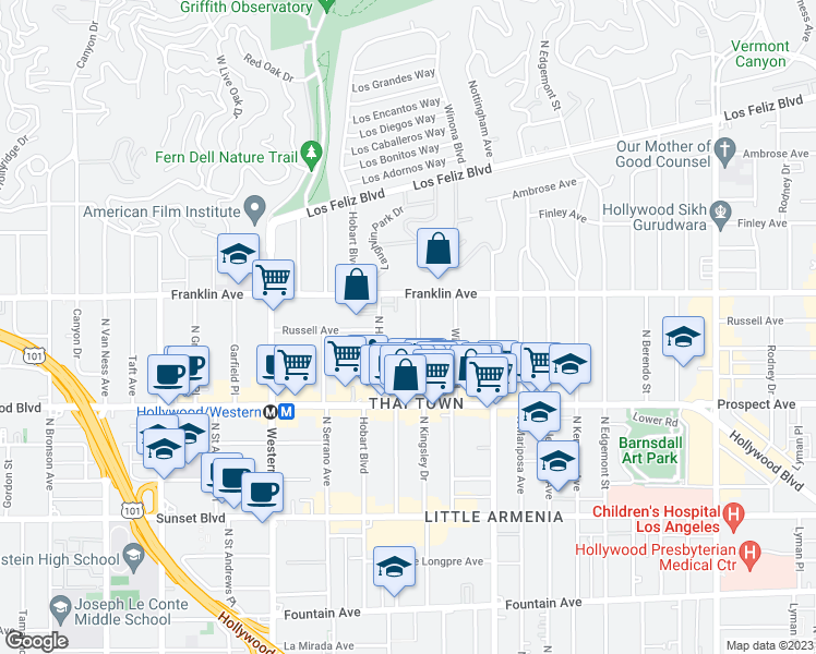 map of restaurants, bars, coffee shops, grocery stores, and more near 1813 North Kingsley Drive in Los Angeles