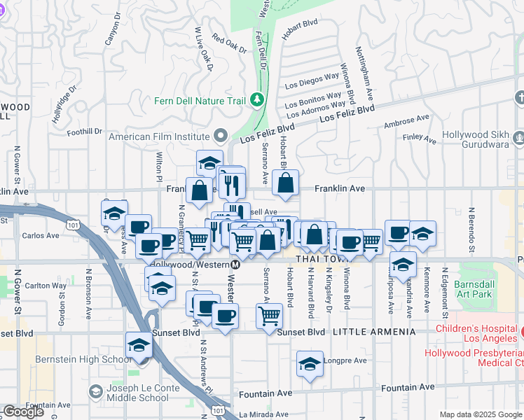map of restaurants, bars, coffee shops, grocery stores, and more near 5422 Russell Avenue in Los Angeles