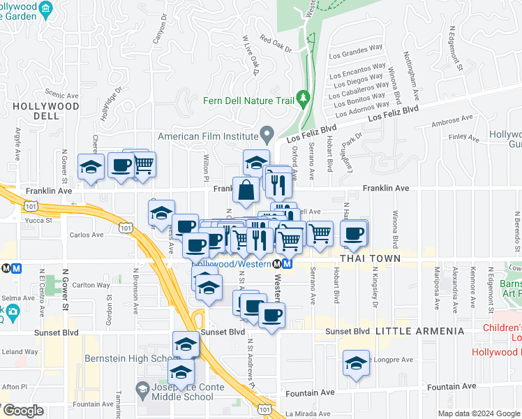 map of restaurants, bars, coffee shops, grocery stores, and more near 1817 Garfield Place in Los Angeles