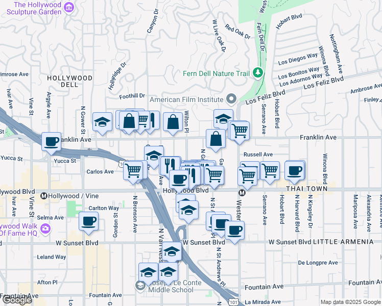 map of restaurants, bars, coffee shops, grocery stores, and more near 1821 North Wilton Place in Los Angeles