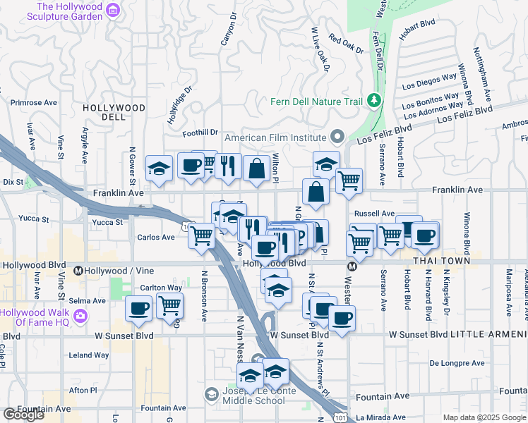 map of restaurants, bars, coffee shops, grocery stores, and more near 1821 North Wilton Place in Los Angeles