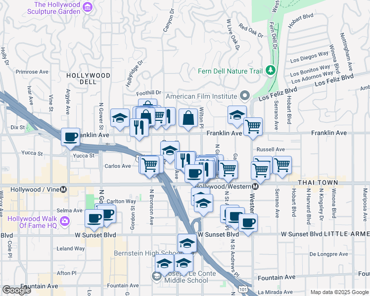 map of restaurants, bars, coffee shops, grocery stores, and more near 1818 North Van Ness Avenue in Los Angeles
