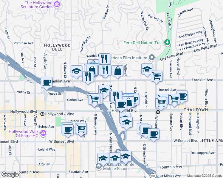 map of restaurants, bars, coffee shops, grocery stores, and more near 1818 North Van Ness Avenue in Los Angeles
