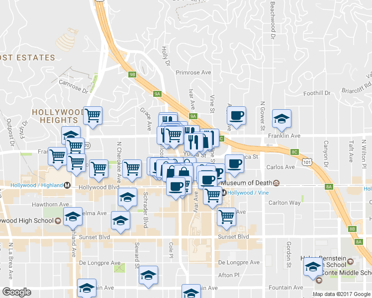 map of restaurants, bars, coffee shops, grocery stores, and more near 6373 Yucca Street in Los Angeles
