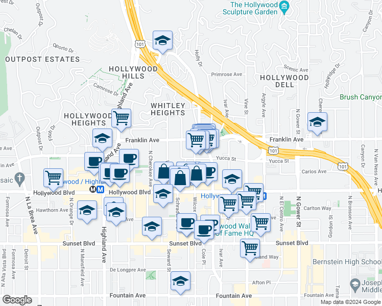 map of restaurants, bars, coffee shops, grocery stores, and more near in Los Angeles