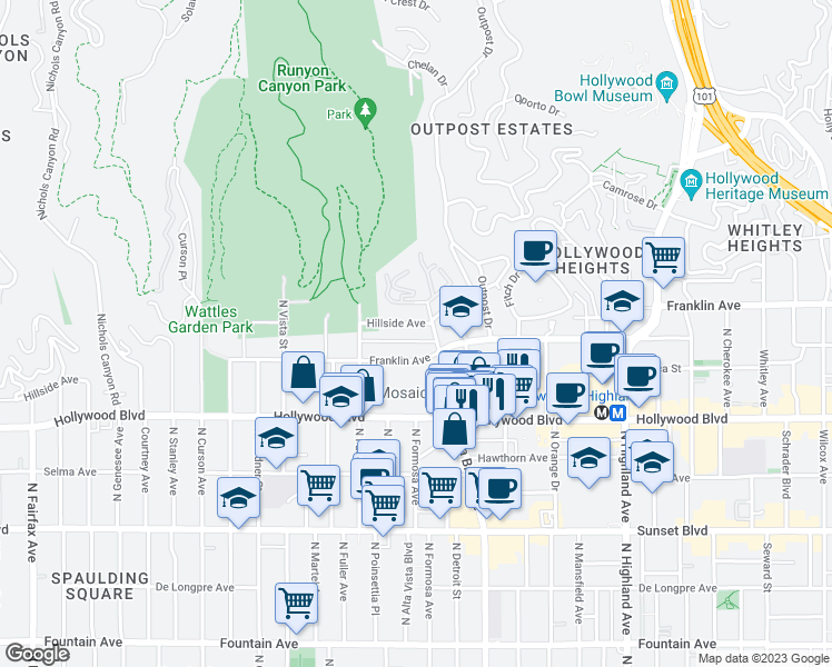 map of restaurants, bars, coffee shops, grocery stores, and more near 7231 Franklin Avenue in Los Angeles