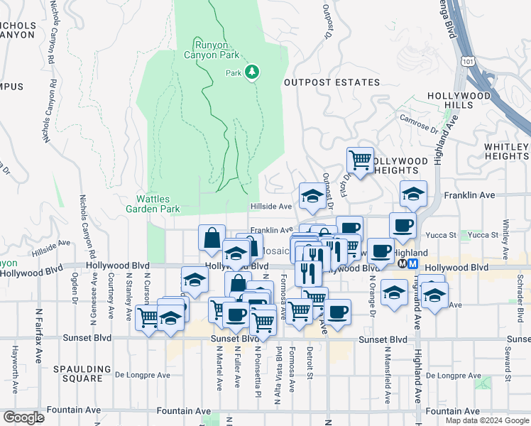 map of restaurants, bars, coffee shops, grocery stores, and more near 1841 North Fuller Avenue in Los Angeles