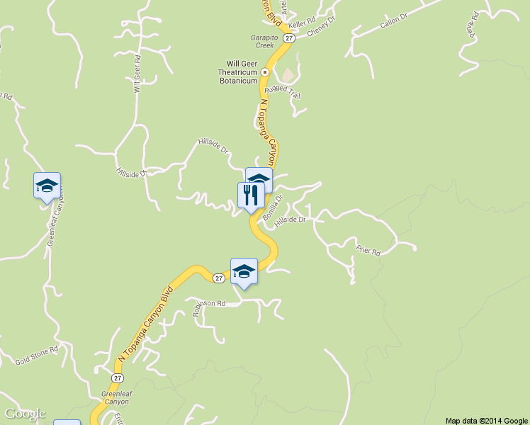 map of restaurants, bars, coffee shops, grocery stores, and more near 20929 Hillside Drive in Topanga