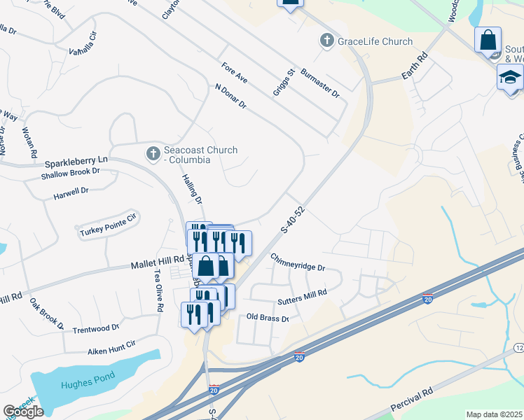 map of restaurants, bars, coffee shops, grocery stores, and more near 301 North Donar Drive in Columbia