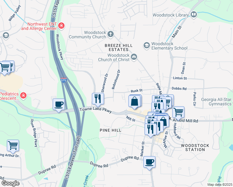 map of restaurants, bars, coffee shops, grocery stores, and more near 106 Robinhood Drive in Woodstock