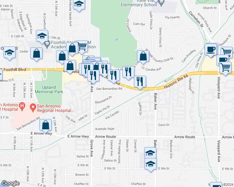 map of restaurants, bars, coffee shops, grocery stores, and more near 8231 Tapia Via Drive in Rancho Cucamonga