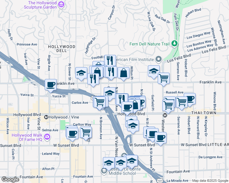 map of restaurants, bars, coffee shops, grocery stores, and more near 1818 North Van Ness Avenue in Los Angeles