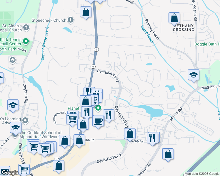 map of restaurants, bars, coffee shops, grocery stores, and more near 14202 Deer Point Court in Alpharetta