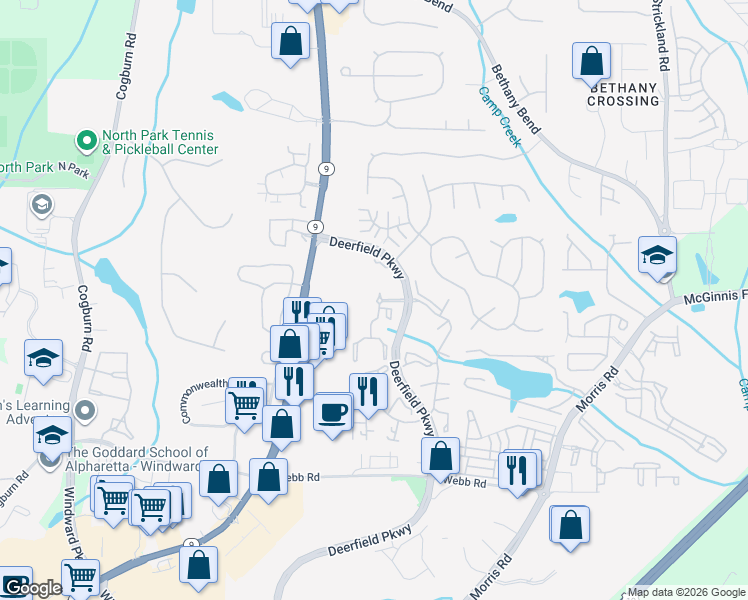 map of restaurants, bars, coffee shops, grocery stores, and more near 14304 Deer Point Court in Milton