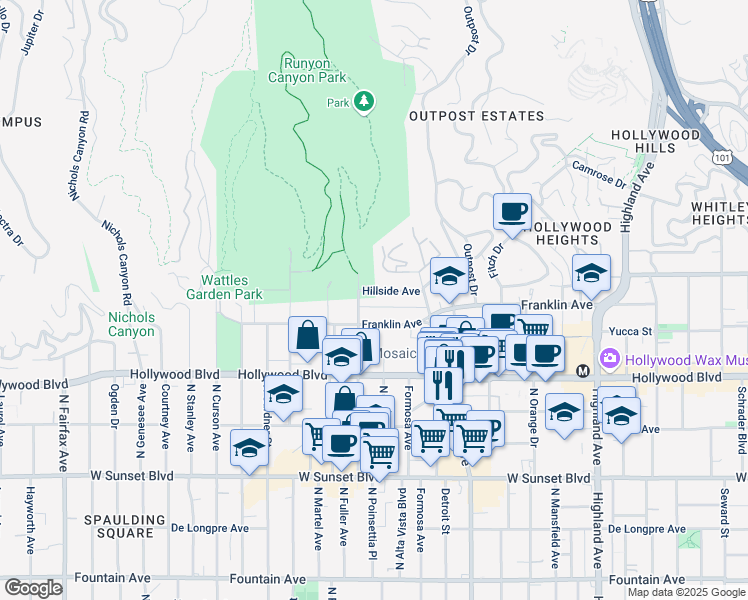 map of restaurants, bars, coffee shops, grocery stores, and more near 7260 Hillside Avenue in Los Angeles