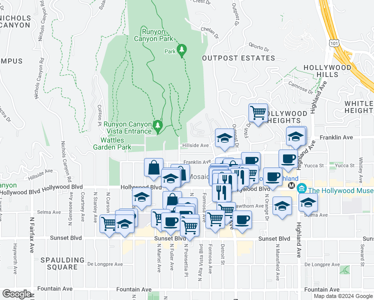 map of restaurants, bars, coffee shops, grocery stores, and more near 1841 North Fuller Avenue in Los Angeles