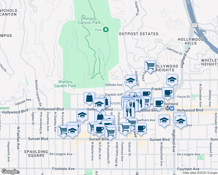 map of restaurants, bars, coffee shops, grocery stores, and more near 7260 Hillside Avenue in Los Angeles