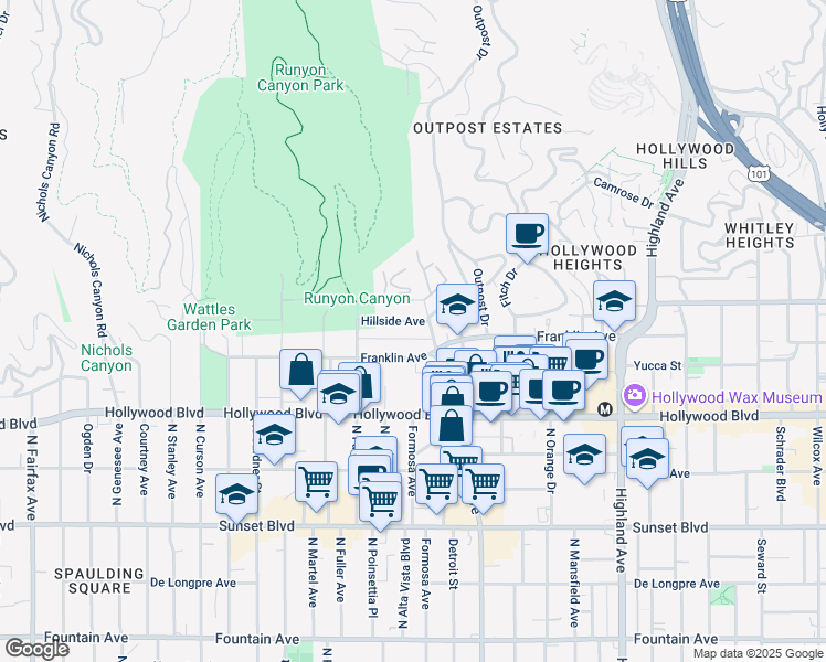 map of restaurants, bars, coffee shops, grocery stores, and more near 7218 Hillside Avenue in Los Angeles
