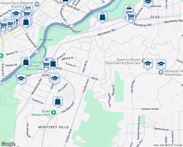 map of restaurants, bars, coffee shops, grocery stores, and more near 1907 Hill Drive in South Pasadena