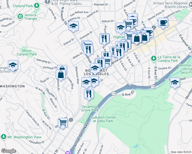 map of restaurants, bars, coffee shops, grocery stores, and more near 118 South Avenue 50 in Los Angeles