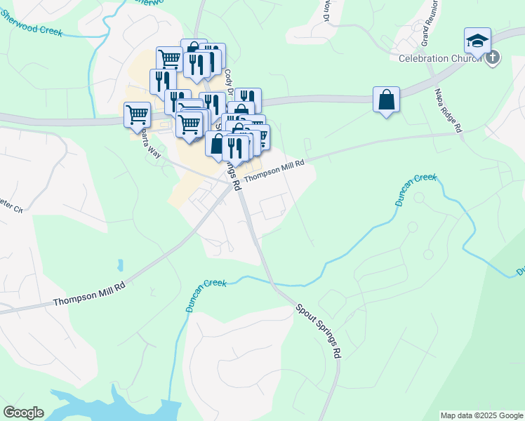 map of restaurants, bars, coffee shops, grocery stores, and more near 7579 Spout Springs Road in Buford