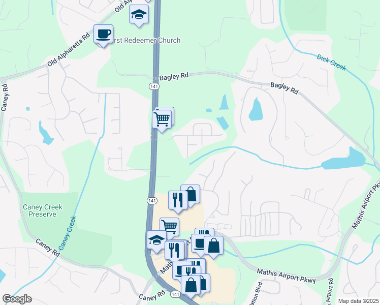 map of restaurants, bars, coffee shops, grocery stores, and more near 2555 Wentwood Court in Cumming
