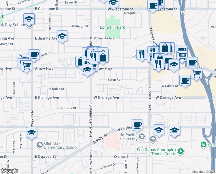 map of restaurants, bars, coffee shops, grocery stores, and more near 1245 West Cienega Avenue in San Dimas