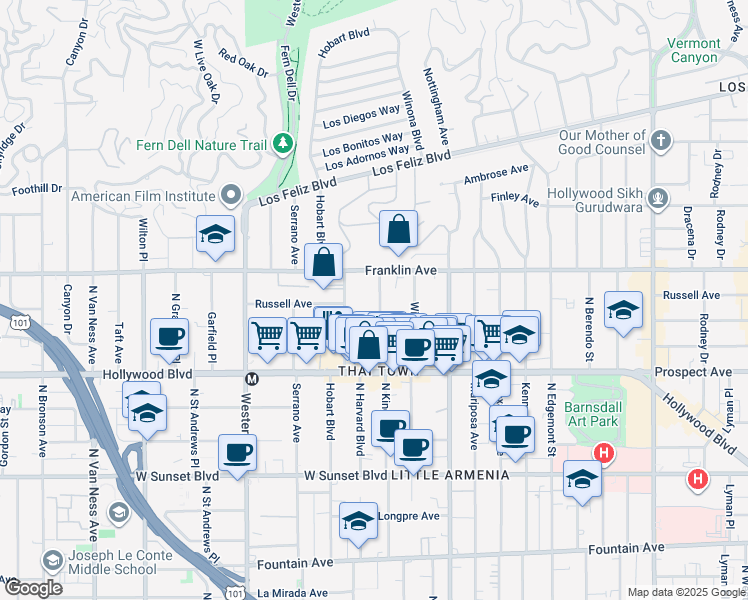map of restaurants, bars, coffee shops, grocery stores, and more near 1813 North Kingsley Drive in Los Angeles