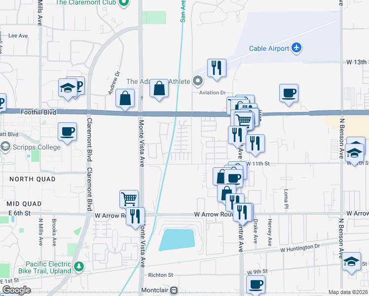 map of restaurants, bars, coffee shops, grocery stores, and more near 2251 Rose Garden Court in Upland