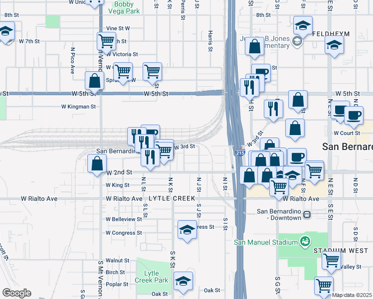 map of restaurants, bars, coffee shops, grocery stores, and more near 1047 West 3rd Street in San Bernardino