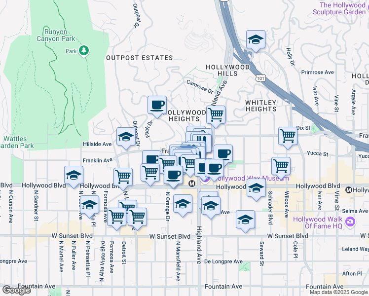 map of restaurants, bars, coffee shops, grocery stores, and more near 6871 Franklin Avenue in Los Angeles