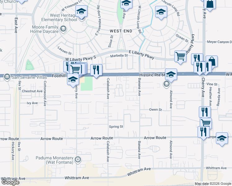 map of restaurants, bars, coffee shops, grocery stores, and more near 8239 Calabash Avenue in Fontana