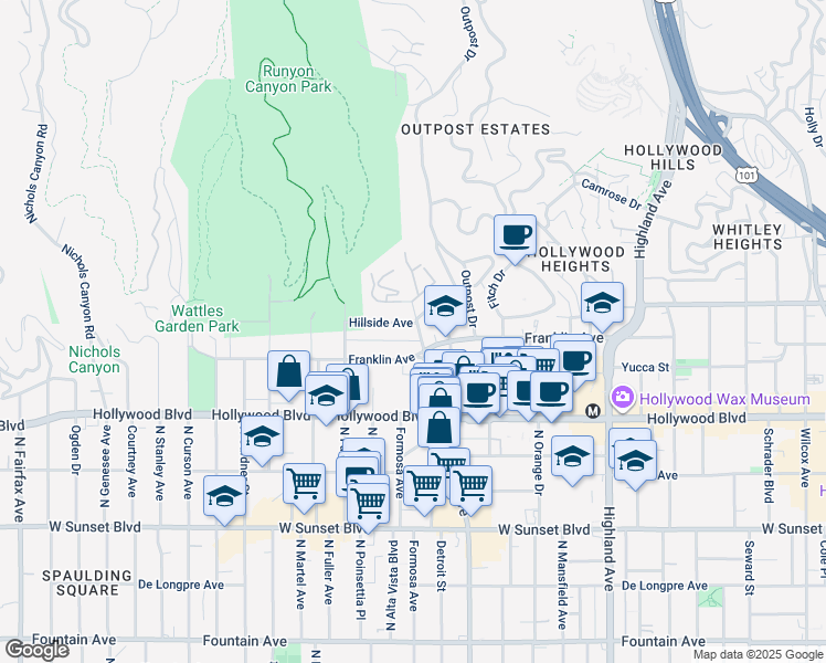 map of restaurants, bars, coffee shops, grocery stores, and more near 1837 North La Brea Avenue in Los Angeles