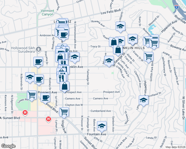 map of restaurants, bars, coffee shops, grocery stores, and more near 1800 Talmadge Street in Los Angeles