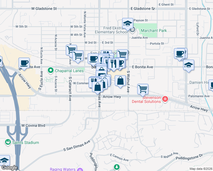 map of restaurants, bars, coffee shops, grocery stores, and more near 158 East Commercial Street in San Dimas