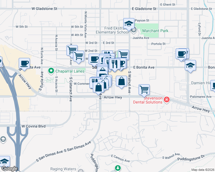 map of restaurants, bars, coffee shops, grocery stores, and more near 195 East Arrow Highway in San Dimas