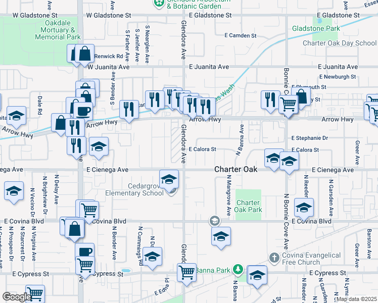map of restaurants, bars, coffee shops, grocery stores, and more near 5042 North Glendora Avenue in Covina