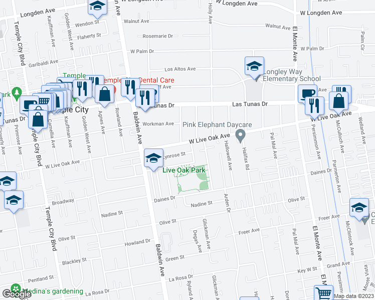 map of restaurants, bars, coffee shops, grocery stores, and more near 10159 Lynrose Street in Temple City