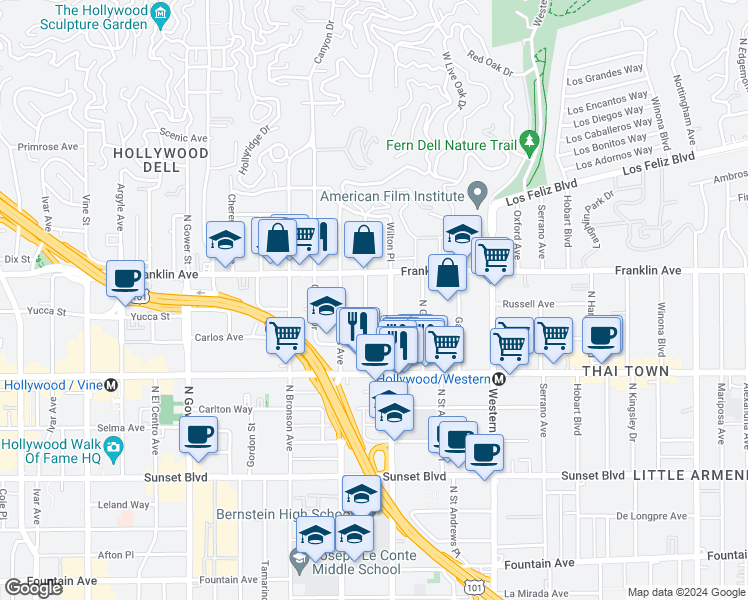 map of restaurants, bars, coffee shops, grocery stores, and more near 1830 Taft Avenue in Los Angeles