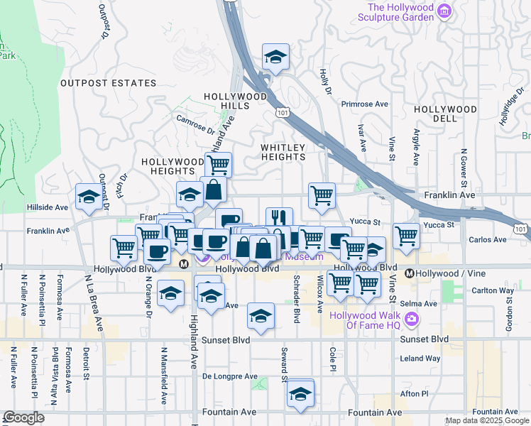 map of restaurants, bars, coffee shops, grocery stores, and more near 1842 North Cherokee Avenue in Los Angeles