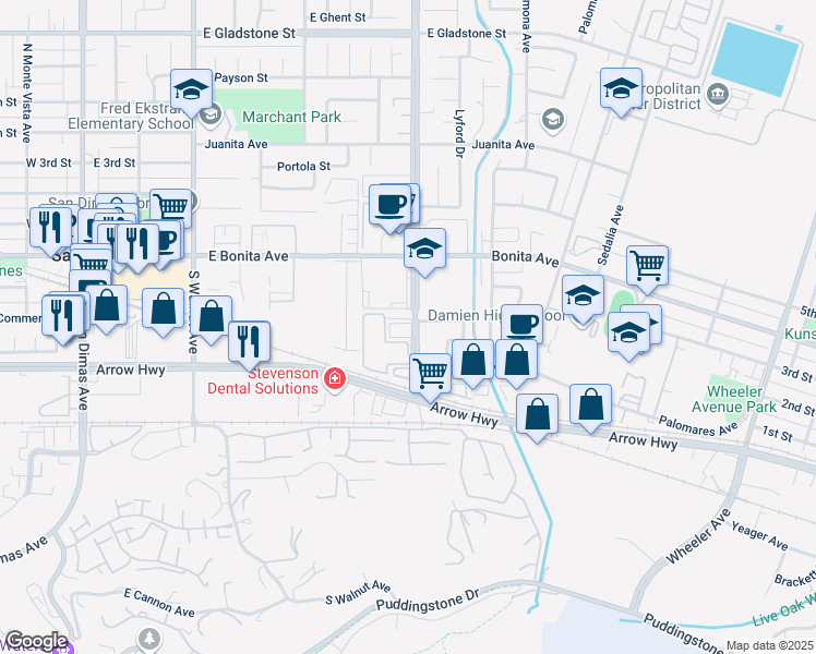 map of restaurants, bars, coffee shops, grocery stores, and more near 243 South San Dimas Canyon Road in San Dimas
