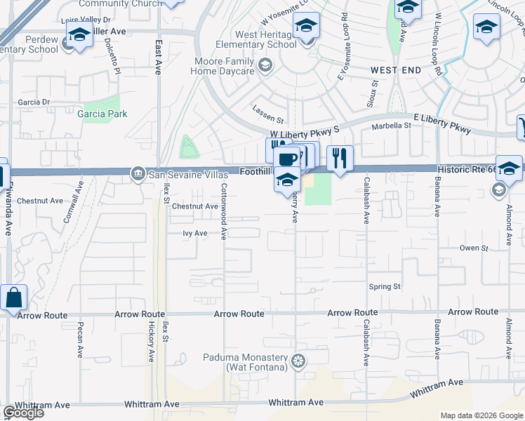 map of restaurants, bars, coffee shops, grocery stores, and more near 13602 Newcastle Court in Fontana