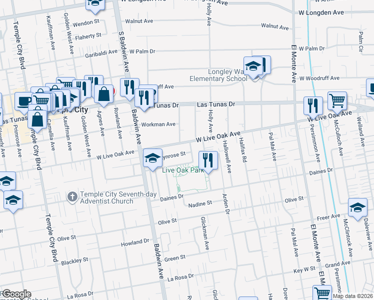 map of restaurants, bars, coffee shops, grocery stores, and more near 10159 Lynrose Street in Temple City